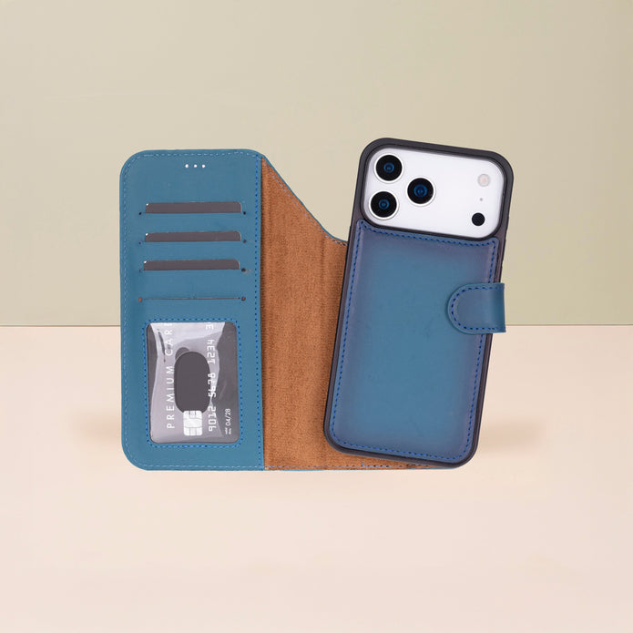 Leather iPhone 17 Pro Max Wallet Case – Blue - Austin