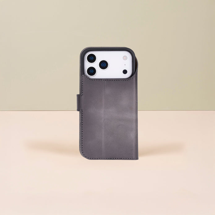 Leather iPhone 17 Pro Max Wallet Case – Gray - Austin