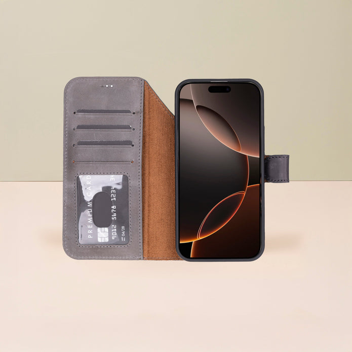 Leather iPhone 17 Pro Wallet Case – Gray - Austin