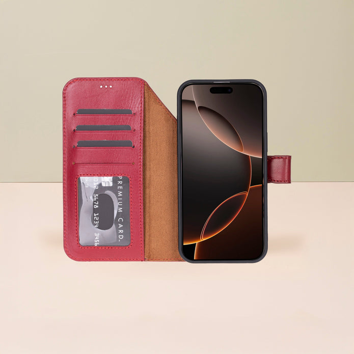 Leather iPhone 17 Pro Wallet Case – Red - Austin