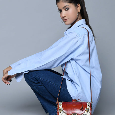 Cylindrical Block Printed Leather Bag