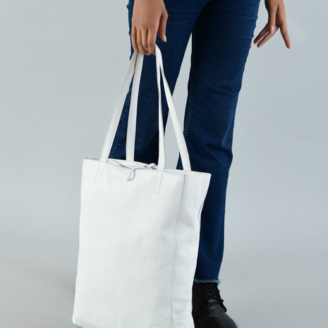White Leather Shoulder Tote Bag