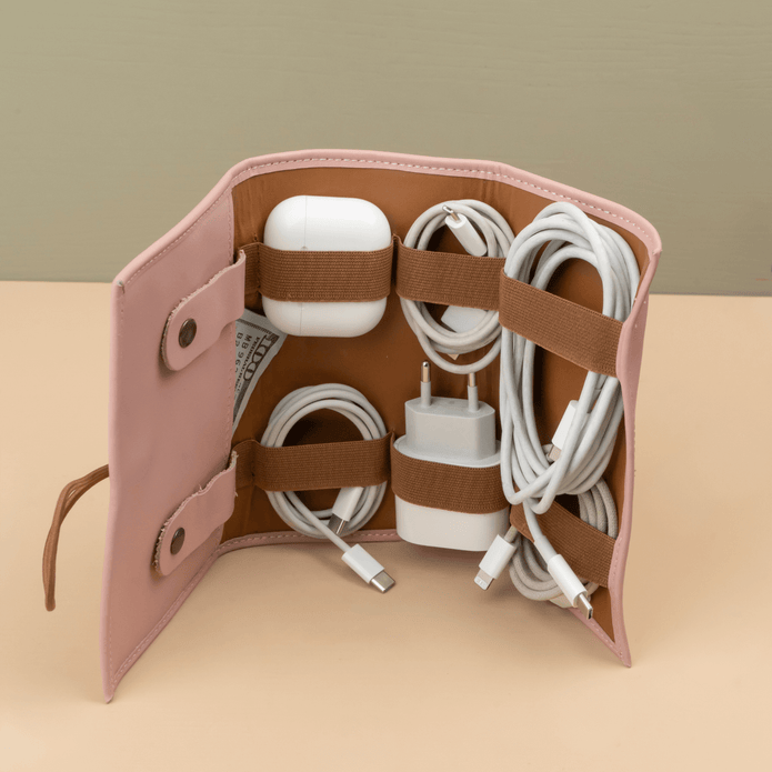 Leather Pink Travel Tech Organizer - Riverside