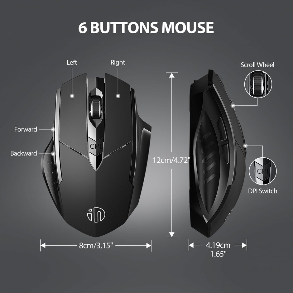 INPHIC Wireless Mouse Rechargeable, 700mAh, with USB Receiver, 6 Buttons, Ergonomic for Laptop, Computer, Mac, PC etc.