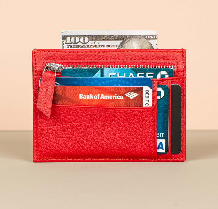Vibrant Leather Card Holder with Zipper Pocket - Red - Concord