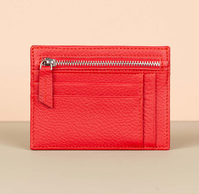 Vibrant Leather Card Holder with Zipper Pocket - Red - Concord
