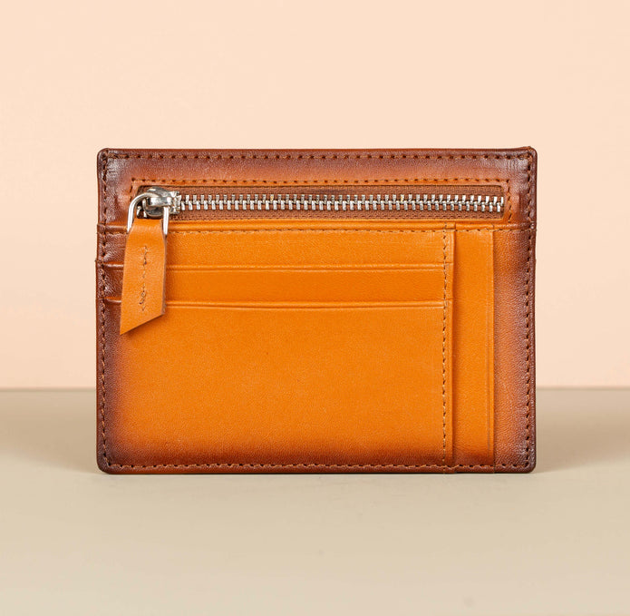 Vibrant Leather Card Holder with Zipper Pocket - Caramel Brown - Concord