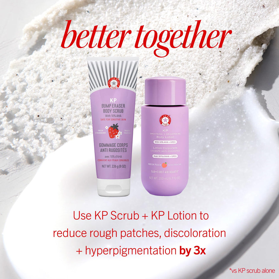 First Aid Beauty - KP Bump Eraser Body Scrub with 10% AHA, Keratosis Pilaris Skin Exfoliator with Glycolic and Lactic acids, Helps Reduce Chicken Skin Bumps, Safe for Sensitive Skin, 8 oz