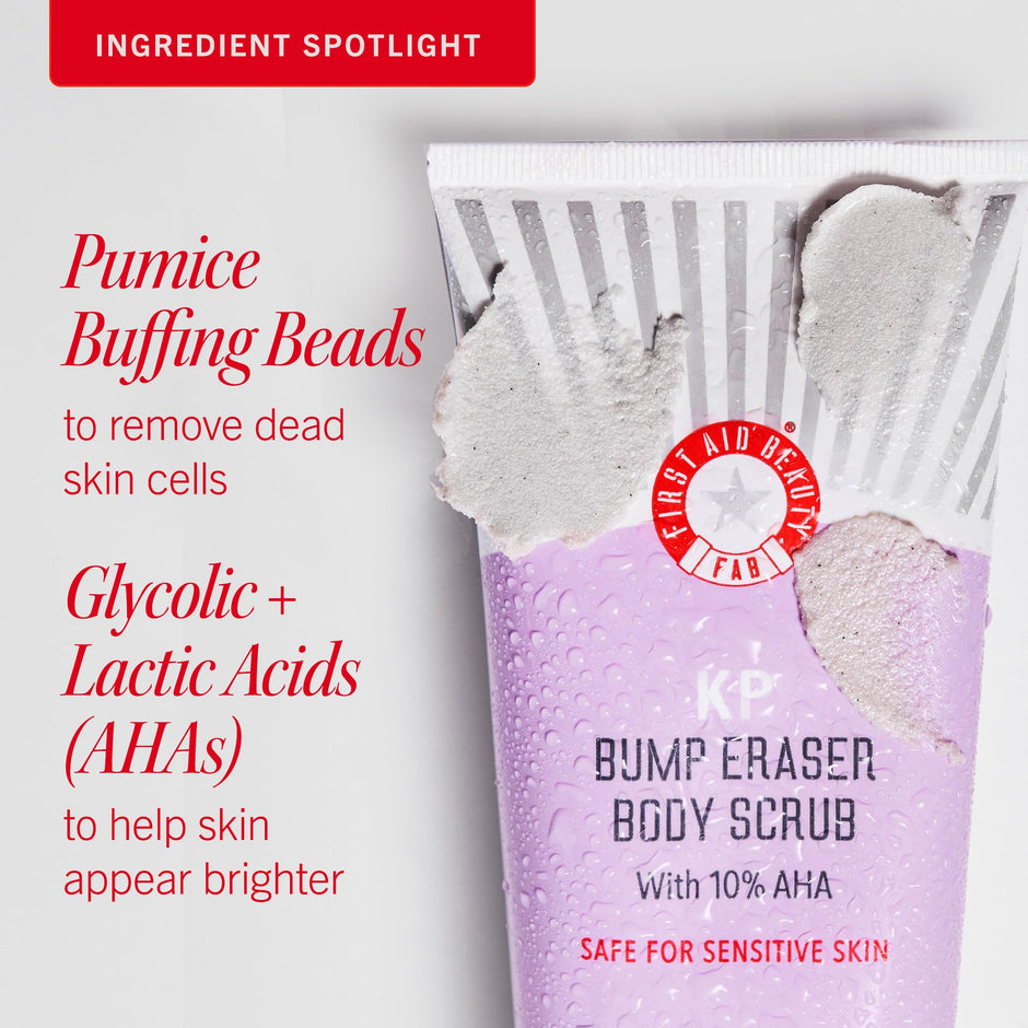 First Aid Beauty - KP Bump Eraser Body Scrub with 10% AHA, Keratosis Pilaris Skin Exfoliator with Glycolic and Lactic acids, Helps Reduce Chicken Skin Bumps, Safe for Sensitive Skin, 8 oz
