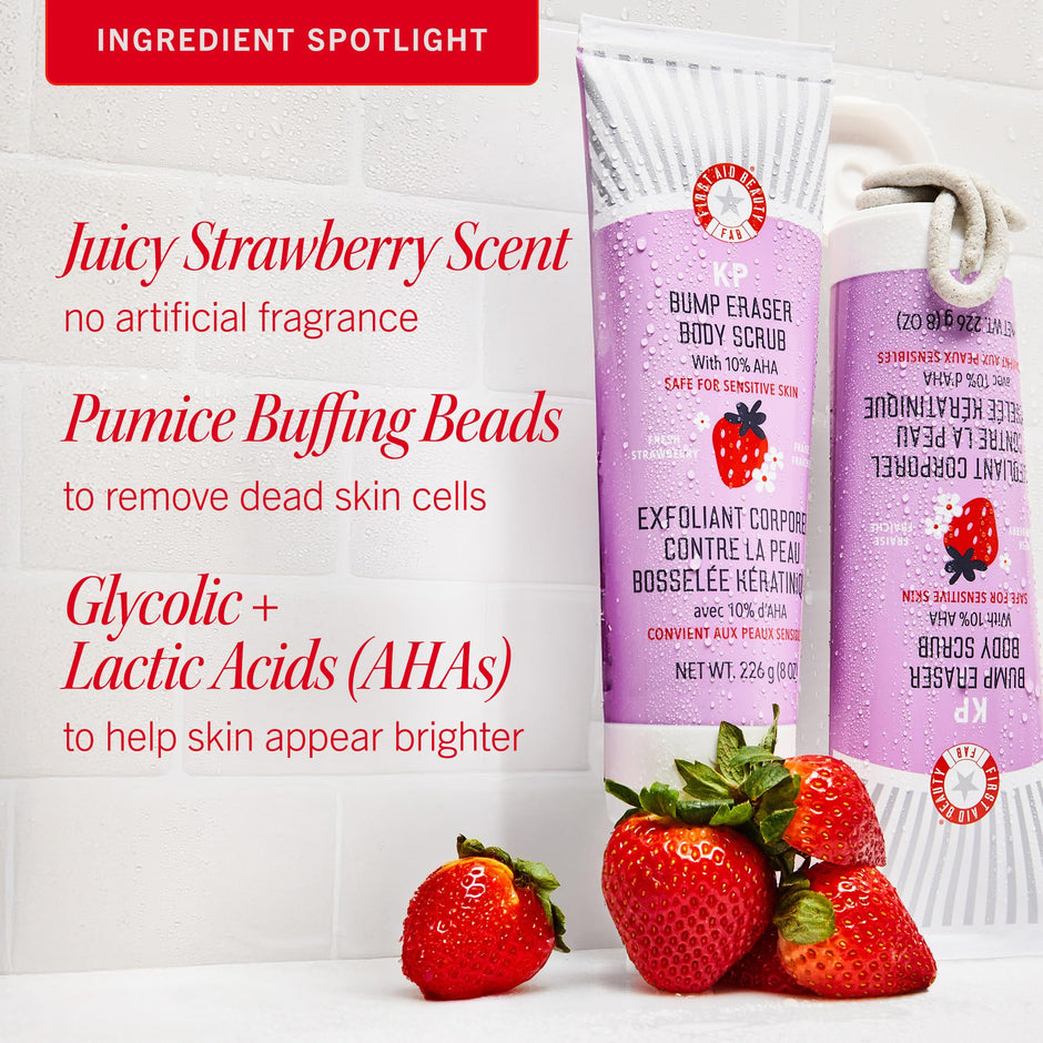 First Aid Beauty - KP Bump Eraser Body Scrub with 10% AHA, Keratosis Pilaris Skin Exfoliator with Glycolic and Lactic acids, Helps Reduce Chicken Skin Bumps, Safe for Sensitive Skin, 8 oz