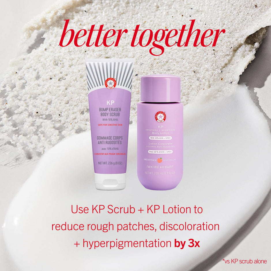 First Aid Beauty - KP Bump Eraser Body Scrub with 10% AHA, Keratosis Pilaris Skin Exfoliator with Glycolic and Lactic acids, Helps Reduce Chicken Skin Bumps, Safe for Sensitive Skin, 8 oz