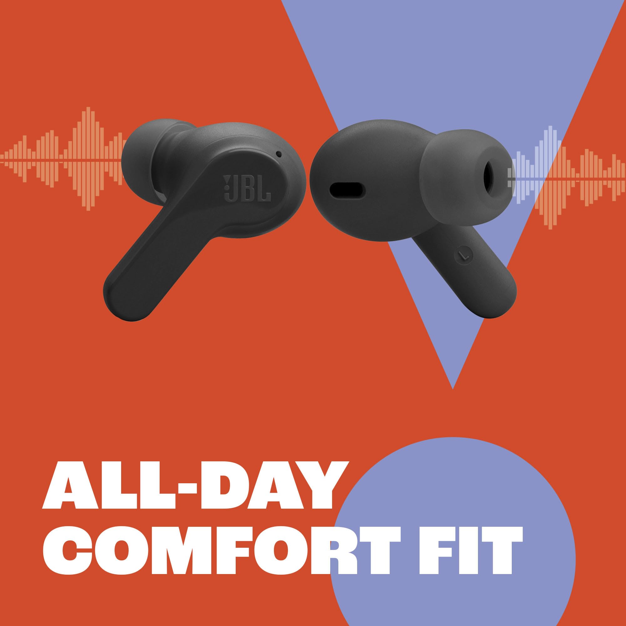 Black JBL wireless earbuds on a colorful background with 'All-Day Comfort Fit' text.