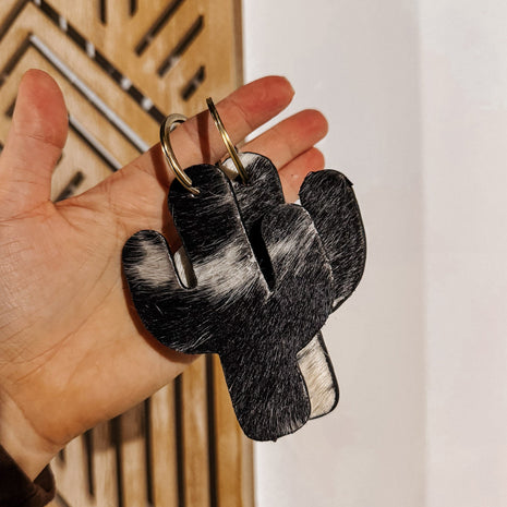 Cactus Cowhide Keychain: Black