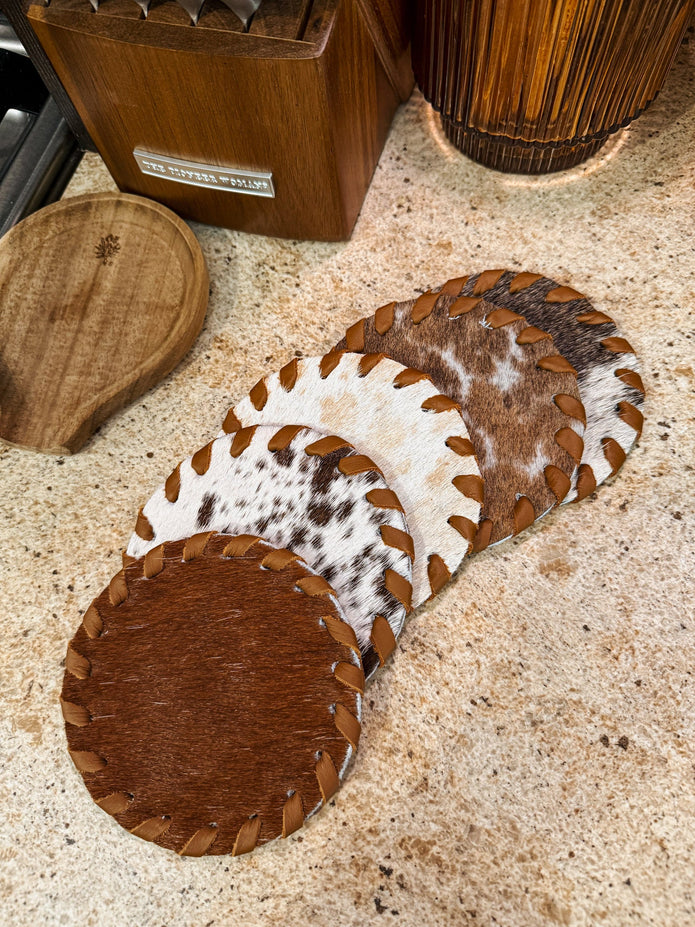 Cowhide Coaster Set: Tan