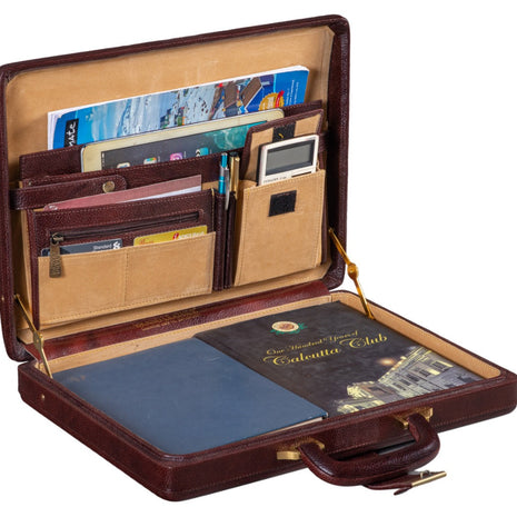 Executive Men's Leather Attache Briefcase Brown/Cherry Red