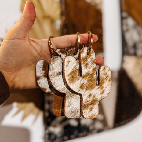 Cactus Cowhide Keychain: Tan