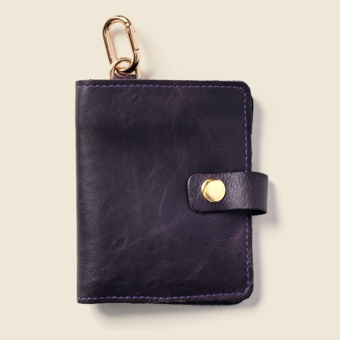Leather Bifold Wallet with Snap & Key Ring - Purple