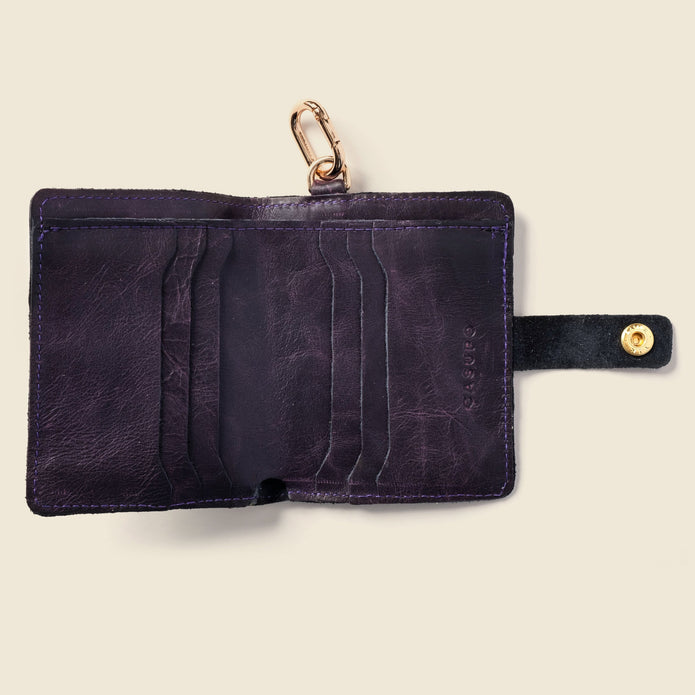 Leather Bifold Wallet with Snap & Key Ring - Purple