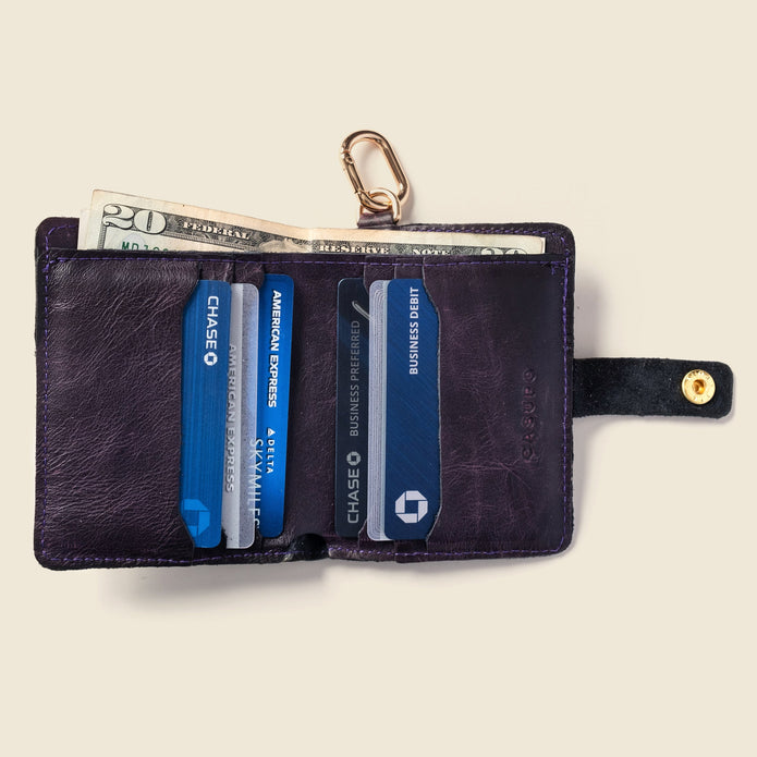 Leather Bifold Wallet with Snap & Key Ring - Purple