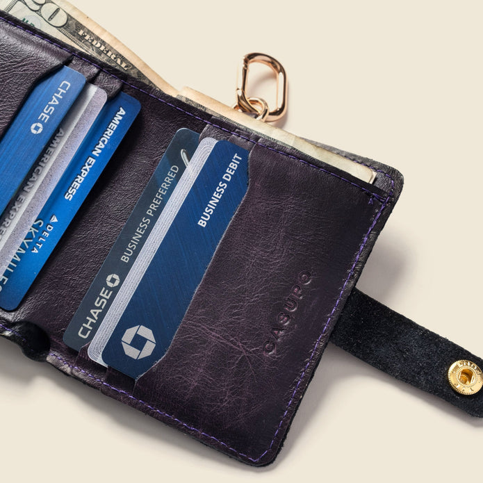 Leather Bifold Wallet with Snap & Key Ring - Purple