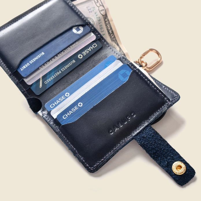 Leather Bifold Wallet with Snap & Key Ring - Navy