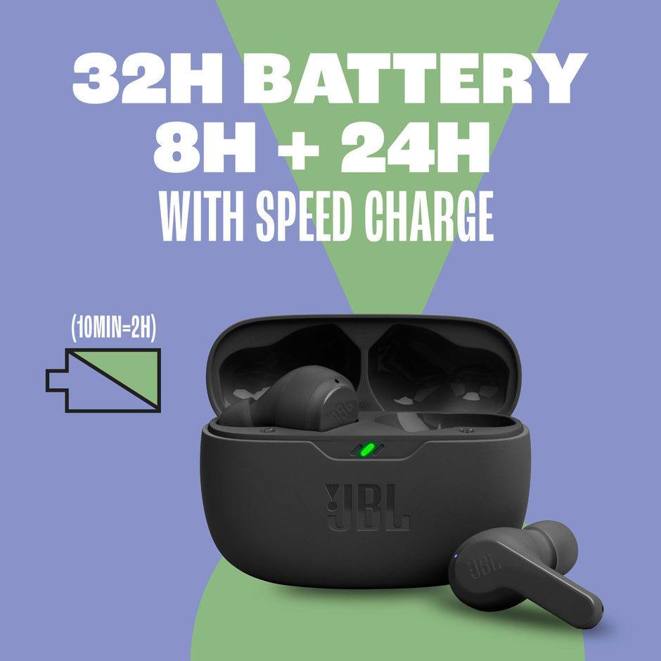 JBL wireless earbuds with charging case highlighting 32 Hour battery life with Speed charge of 10min - 2hrs max 