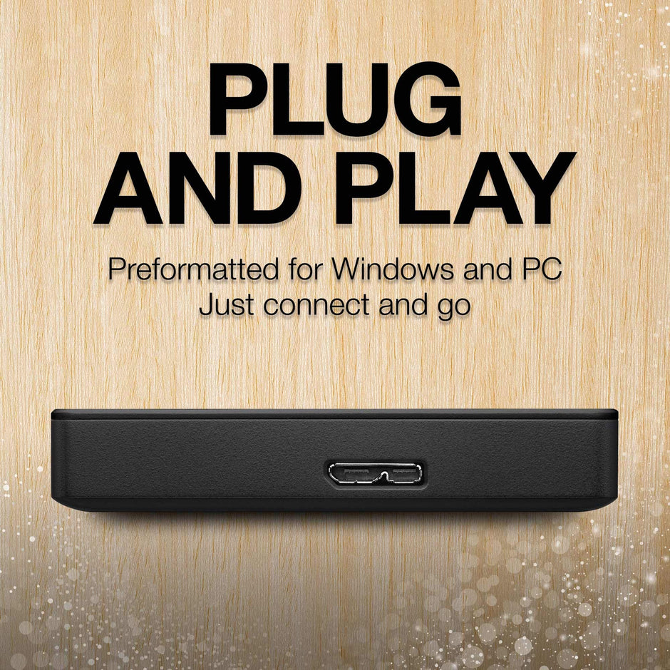 Black external hard drive with 'Plug and Play'  Directions