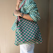 Pink and Green Checkered Tote Bag - Washable Cotton Knit with Key Ring