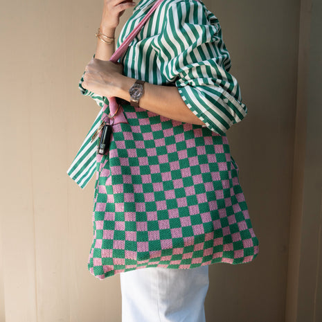 Pink and Green Checkered Tote Bag - Washable Cotton Knit with Key Ring
