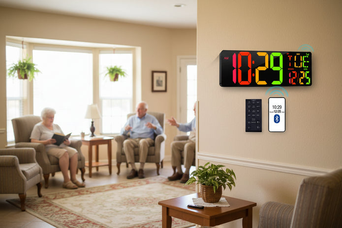 Large  display 17.2" wall clock  Bluetooth 5.3 auto-sync. No manual adjustment. 11 color modes, adjustable brightness, and remote control operation up to 32 feet away. Includes 9 timer groups, hourly chime option, and damage-free wall mounting with included tape. Outlet-powered with backup battery memory.