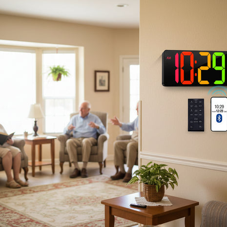 Large  display 17.2" wall clock  Bluetooth 5.3 auto-sync. No manual adjustment. 11 color modes, adjustable brightness, and remote control operation up to 32 feet away. Includes 9 timer groups, hourly chime option, and damage-free wall mounting with included tape. Outlet-powered with backup battery memory.