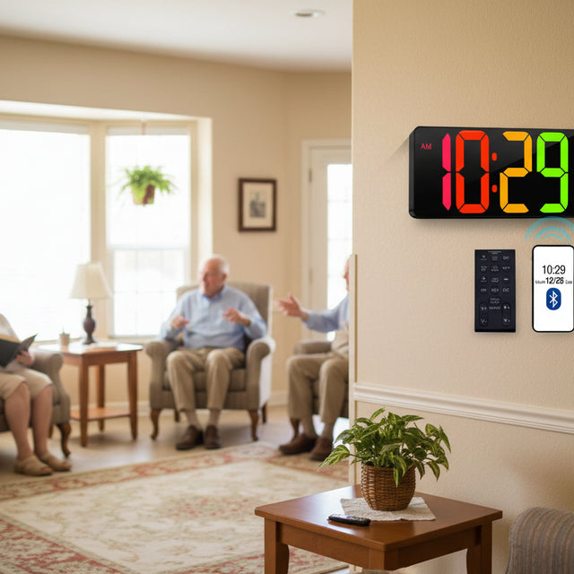 Large  display 17.2" wall clock  Bluetooth 5.3 auto-sync. No manual adjustment. 11 color modes, adjustable brightness, and remote control operation up to 32 feet away. Includes 9 timer groups, hourly chime option, and damage-free wall mounting with included tape. Outlet-powered with backup battery memory.