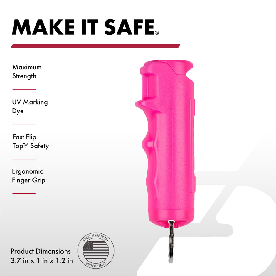 Pink safety tool with features listed on a white background