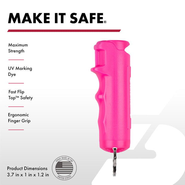 Pink safety tool with features listed on a white background