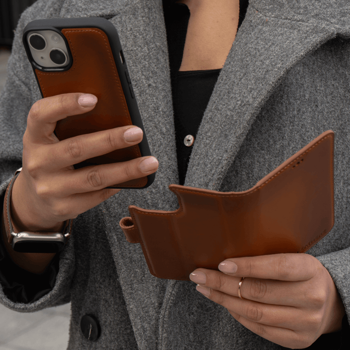 iPhone 16 Series Brown Leather Wallet Case - New York