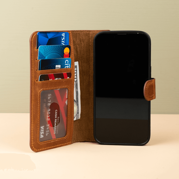 iPhone 16 Series Brown Leather Wallet Case - New York