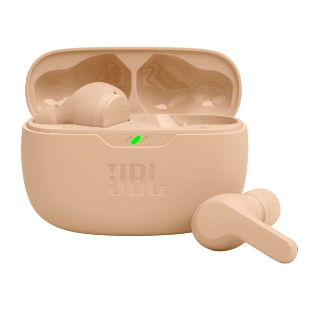 Pink wireless earbuds with charging case, featuring JBL branding.