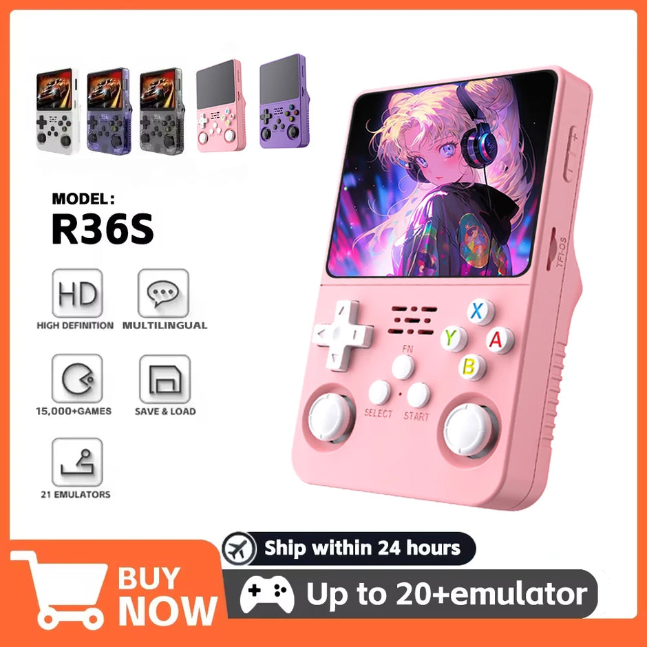 New R36S Retro Handheld Video Game Console Linux System 3.5-inch IPS Screen Pink Portable Handheld Video Player 64GB 15000+ Game