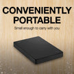 Black external hard drive on a wooden background with text 'CONVENIENTLY PORTABLE'.