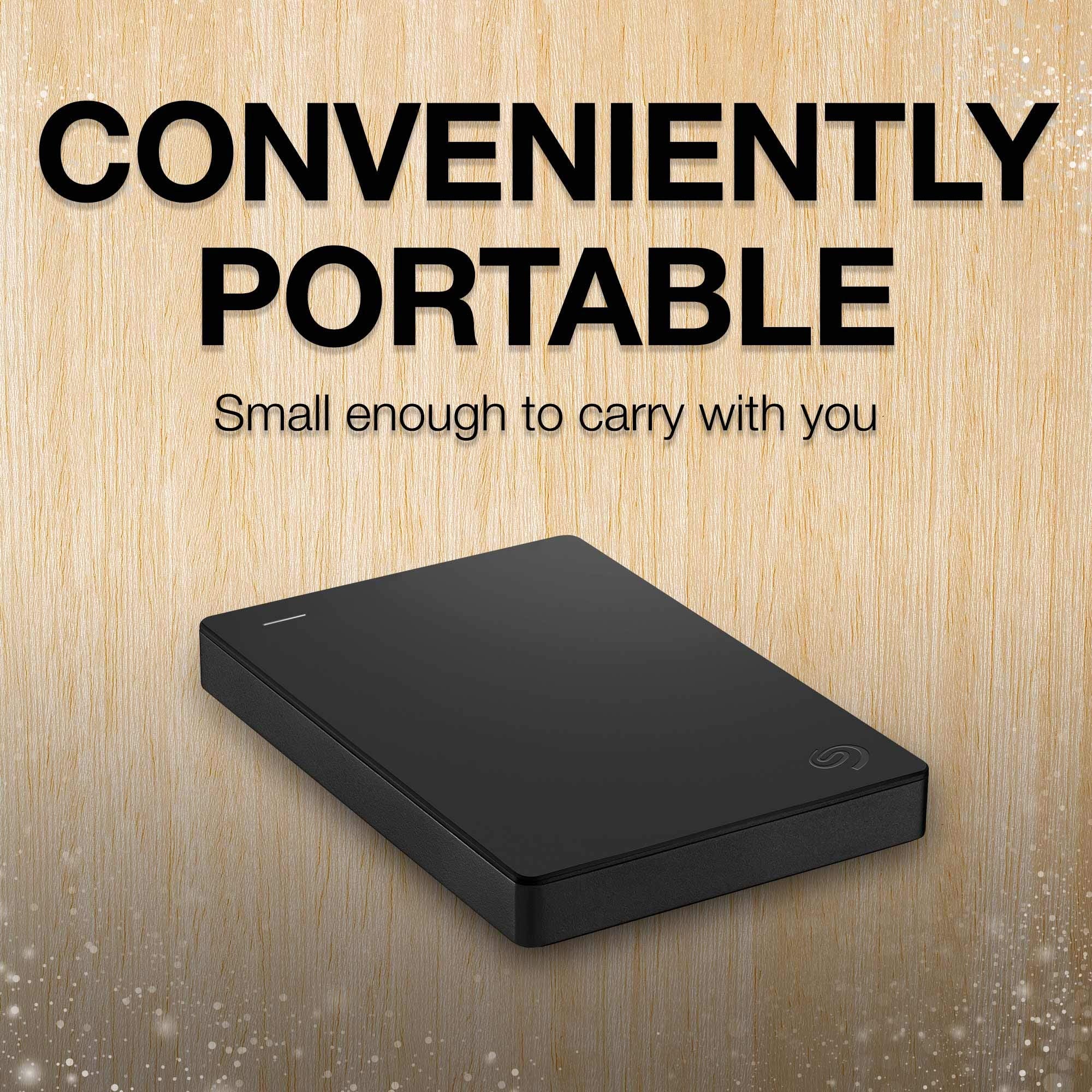 Black external hard drive on a wooden background with text 'CONVENIENTLY PORTABLE'.