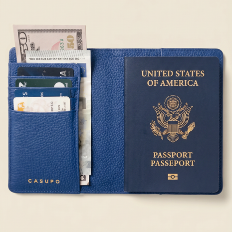 Leather Passport Wallet with RFID Shield- Cobalt