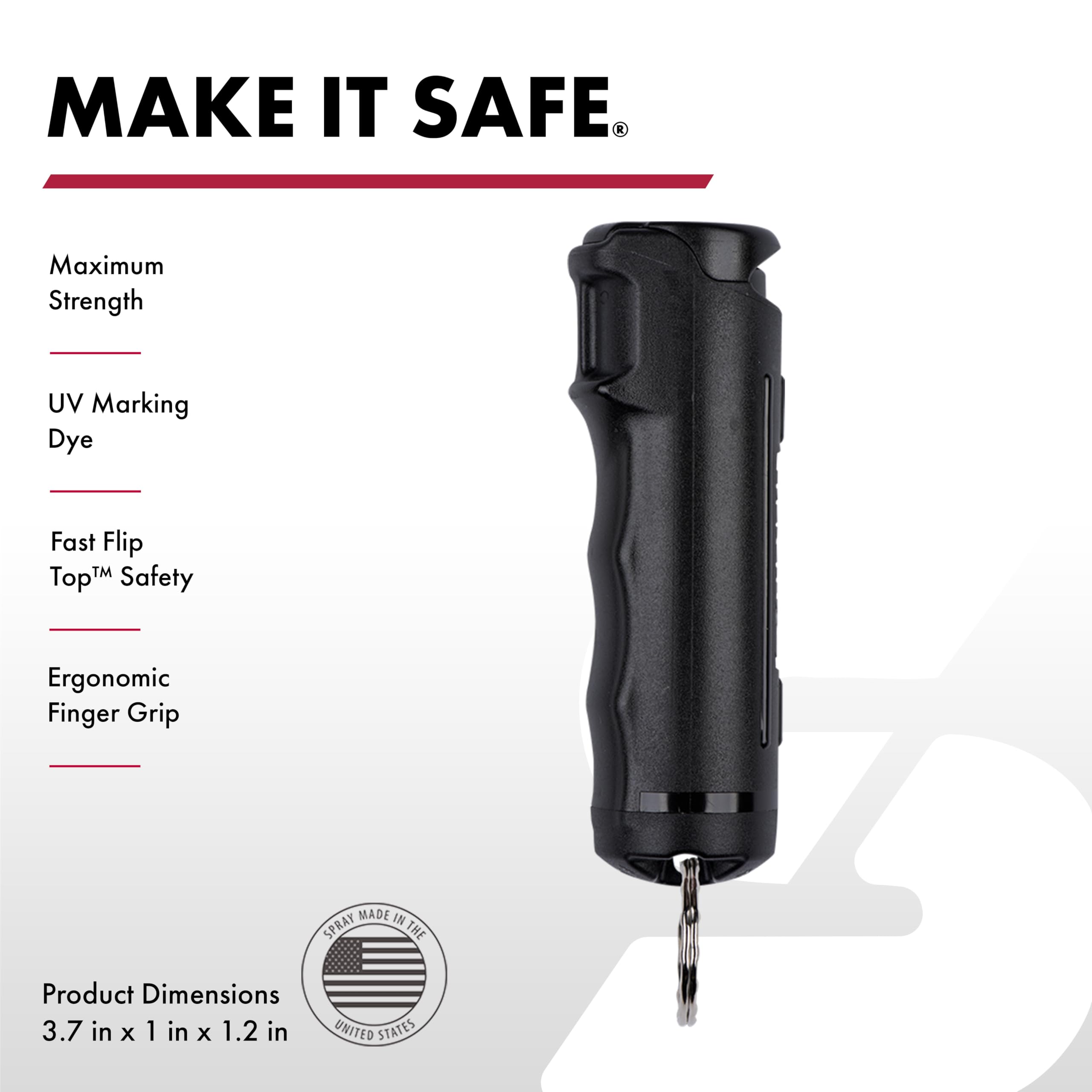Black pepper spray device with safety features and product dimensions on a white background
