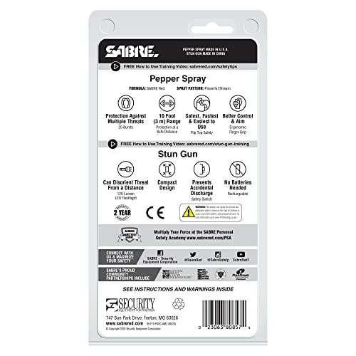 SABRE pepper spray and stun gun packaging with text and icons on a white background
