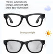Black glasses with photochromic lenses color change in strong sunlight.