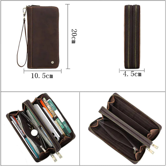 Brown wallet with. Wrist strap double zippered. Coin Zippered. pocket 12 slots for cards. Cash. Phone lipstick. Storage. Wood style.