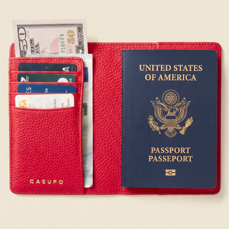 Leather Passport Wallet with RFID - Red