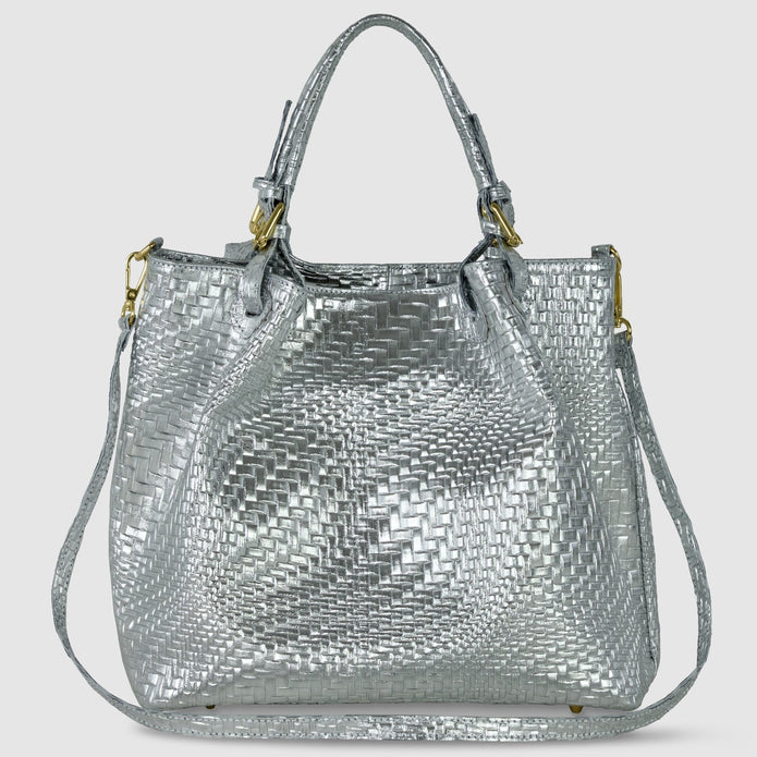 Italian Genuine Basketweave-Embossed Metallic Suede Top-Handle Bag | Imperia