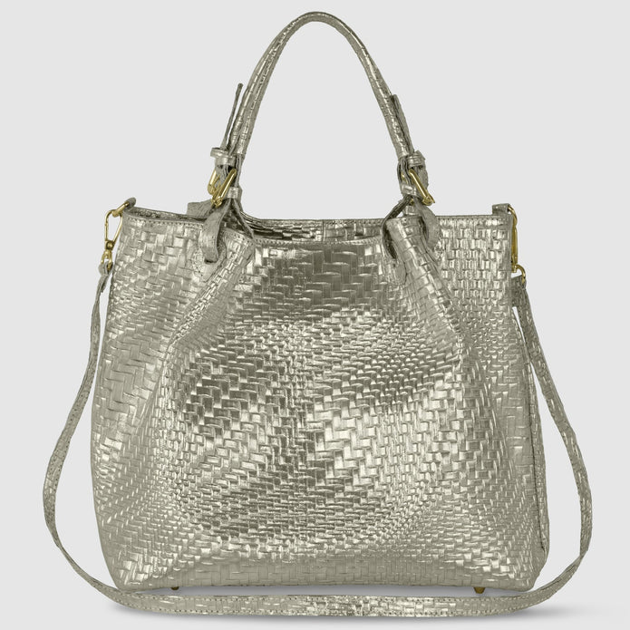 Italian Genuine Basketweave-Embossed Metallic Suede Top-Handle Bag | Imperia
