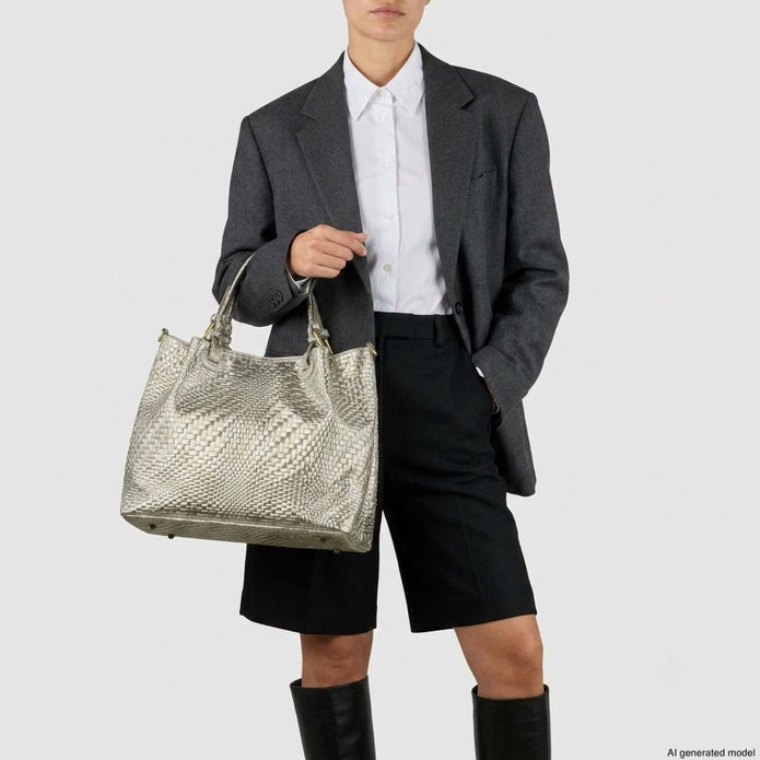 Italian Genuine Basketweave-Embossed Metallic Suede Top-Handle Bag | Imperia