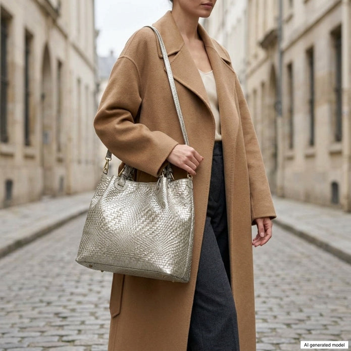 Italian Genuine Basketweave-Embossed Metallic Suede Top-Handle Bag | Imperia